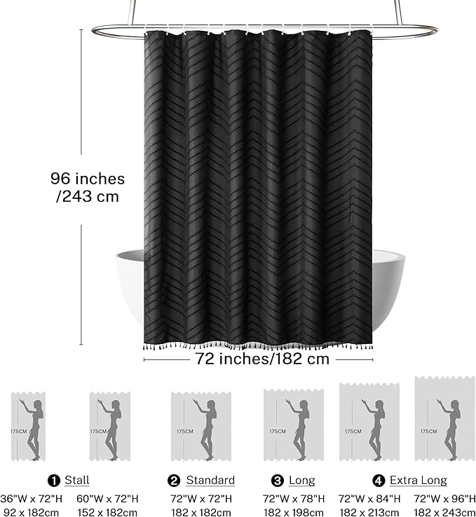 Extra Long Black Boho Chevron Shower Curtain with Tassel, Woven Fabric Shower Curtain, 72 x 96, Tufted Striped, Modern Chic Textured Shower Curtain Set Minimalist Bathroom Decor