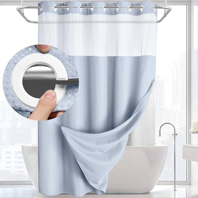 YellyHommy No Hook Shower Curtain with Snap in Liner Set Less Time Waffle Shower Curtain for Bathroom (Mist Blue, 87" L x 72" W)