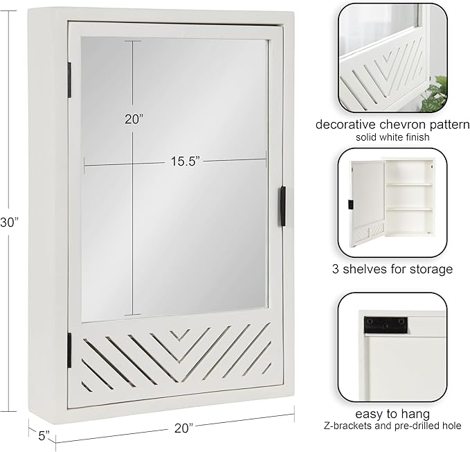 Kate and Laurel Mezzeta Decorative Modern Rectangle Bathroom Cabinet with Mirror, 20 x 5 x 30, White, Wooden Bathroom Mirror with Storage for Bath Medicine Cabinet or Over-The-Toilet Storage Option