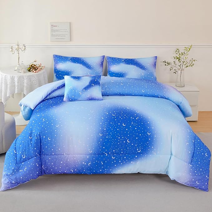 URBONUR 6Pcs Gradient Glitter Comforter Set for Girls Twin Size Blue Galaxy Kids Bedding Set for Boys Comforter Sets Soft Bed in A Bag Twin (Ombre Blue)