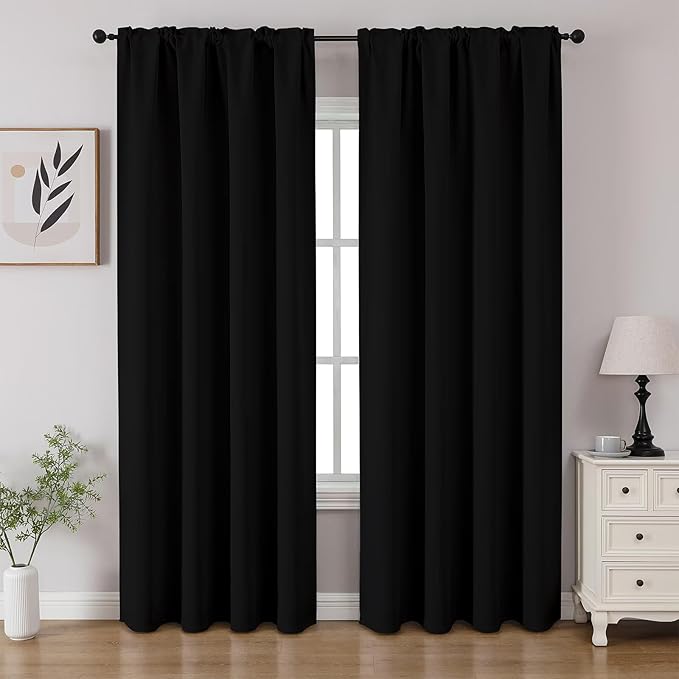 CUCRAF Black Blackout Curtains 108 inch Length 2 Panels Set, Rod Pocket Room Darkening Drapes for Bedroom Living Room, Insulated Thermal Light Blocking Window Curtain (W52 x L108 Inch)