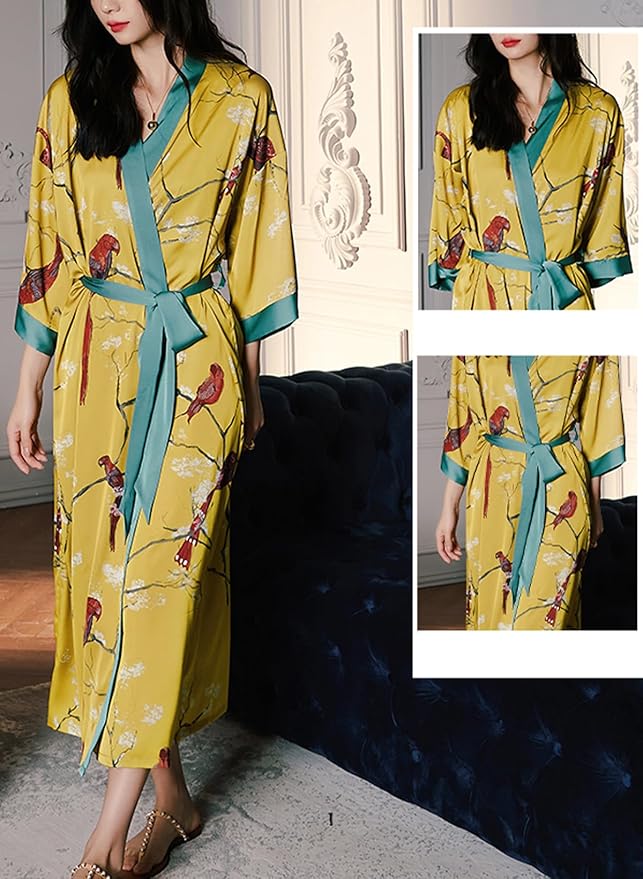 Silk Satin Robe for Women Long Japanese Kimono Robe Lightweight Soft Bathrobe Floral Luxury Dressing Gown