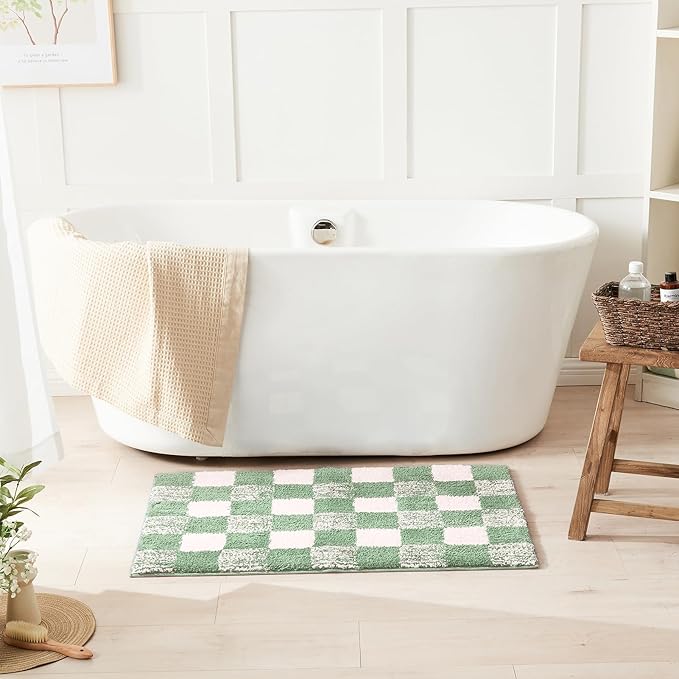 CozeCube Checkered Bath mats for Bathroom Non Slip, Plush Shaggy Bath Rugs for Bathroom Washable, Buffalo Plaid Bath mat, Sage Green, 36" x 24"