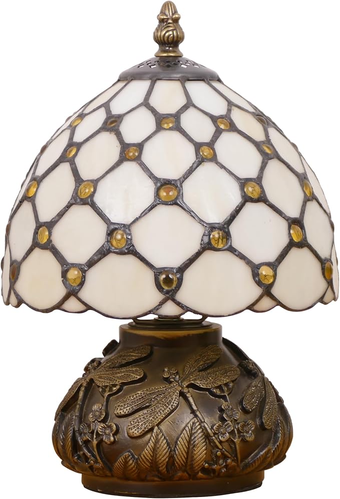 Small Tiffany Lamp Mini Stained Glass Table Lamp Cream Amber Pearl Style Mushroom Memory Sympathy Lamp 8X11 Inch