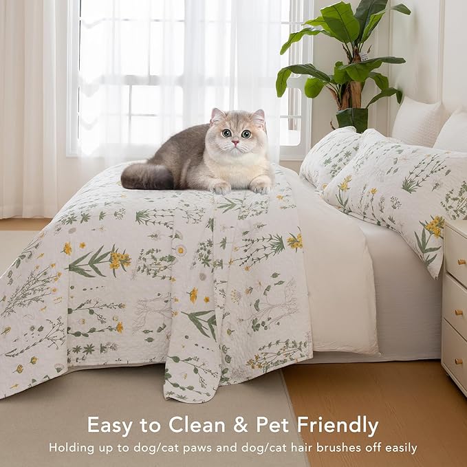 Lady Ann Cotton Quilt Sets Queen - Yellow Floral & Green Leaves Pattern Botanical Printed Quilted Coverlet, 3 Pcs Lightweight Soft Cottagecore Queen Bedspread Set Shabby and Chic Bedding