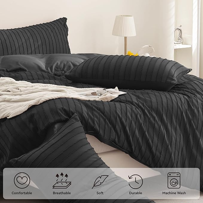 JELLYMONI Duvet Cover King Size Black - 3PCS Boho Striped Duvet Cover Set Polyester Tufted Bohemian Textured Comforter Cover with Corner Ties & Zipper Closure