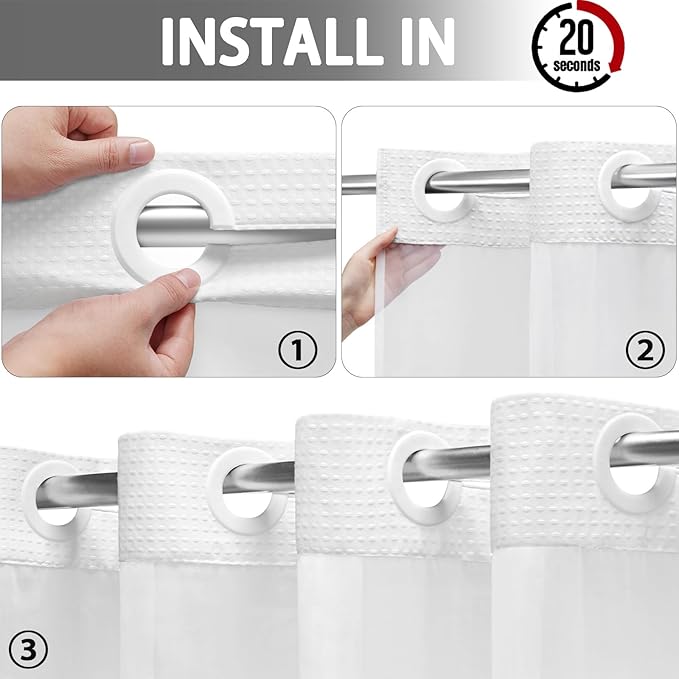 YellyHommy No Hook Shower Curtain with Snap in Fabric Liner Set Less Time White Waffle Shower Curtain for Bathroom 87" L x 72" W