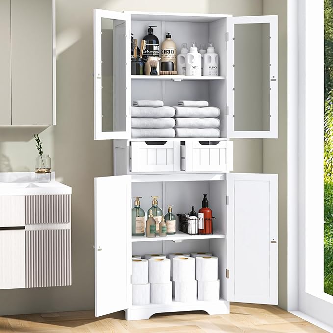 67" Tall White Bathroom Cabinet Storage Cabinet, Freestanding Storage Cabinet with Glass Door and Adjustable Shelves, Bathroom Cabinet for Living Room, Kitchen, Dining, White