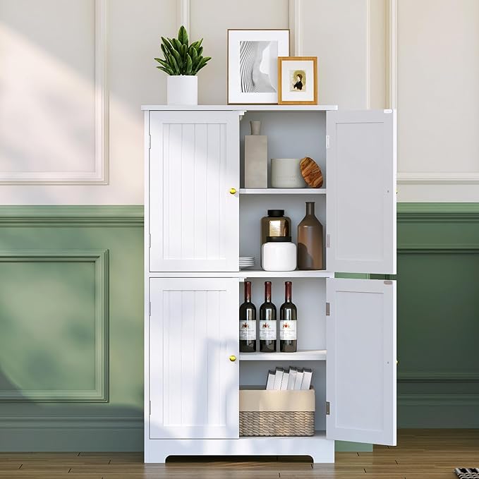 Bathroom Floor Storage Cabinet, 44.5" Freestanding Bathroom Cabinet with 4 Doors and Adjustable Shelves Modern Cupboard for Entryway, Living Room, Kitchen (White)