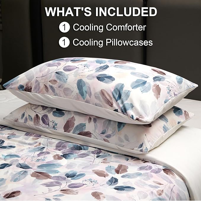 Cyusri Print Cooling Comforter Set 2Pcs Breathable Cool Twin Size Bedding Set with 1 Pillowcase Leaf Pattern Silky Cold Quilt, Blue 68"x90"
