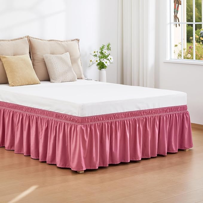 RIMELA Dusty Red Bed Skirt King Size 15 Inch Drop, Wrap Around Elastic Bedskirt, Dust Ruffle for Adjustable Bed Base Machine Washable Easy to Install Bed Skirts