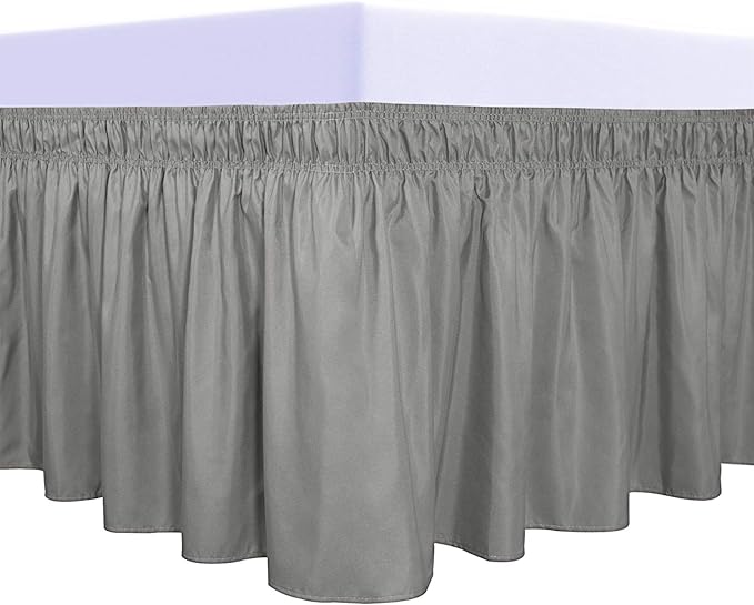 PureFit Wrap Around Ruffled Bed Skirt with Adjustable Elastic Belt - 14 Inch Drop Easy to Put On, Wrinkle Free Bedskirt Dust Ruffles, Bed Frame Cover for Queen, King and C-King Size Beds, Gray