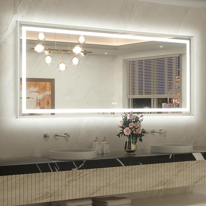 TETOTE 72 x 32 Large Bathroom Mirror Brushed Nickel Metal Frame Frontlit & Backlit Vanity Mirror 3 Colors White/Warm/Natural Stepless Dimmable Anti-Fog Bathroom Mirrors for Vanity Wall-Mounted