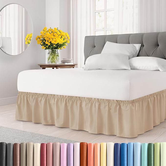 Wrap Around Dust Ruffle Bed Skirt - Cream - for Full Size Beds with 15 Inch Drop - Easy Fit Elastic Strap - Adjustable Pleated Bedskirt w/Brushed Fabric - Wrinkle Free - for Women, Men, Kids & Teens