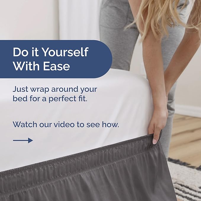 Wrap Around Dust Ruffle Bed Skirt - Dark Grey - for Full Size Beds with 15 Inch Drop - Elastic Strap - Adjustable Pleated Bedskirt with Brushed Fabric and Wrinkle Free - for Women, Men, Kids & Teens