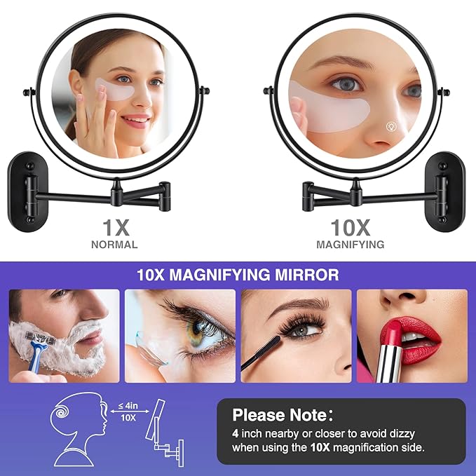 Rechargeable Wall Mounted Makeup Mirror, 8.5 inch Double-Sided 1/10x Magnifying Bathroom Mirror with 3 Color Lights, Lighted Vanity Mirror with 2-Touch Screen Dimming & Luminance Memory