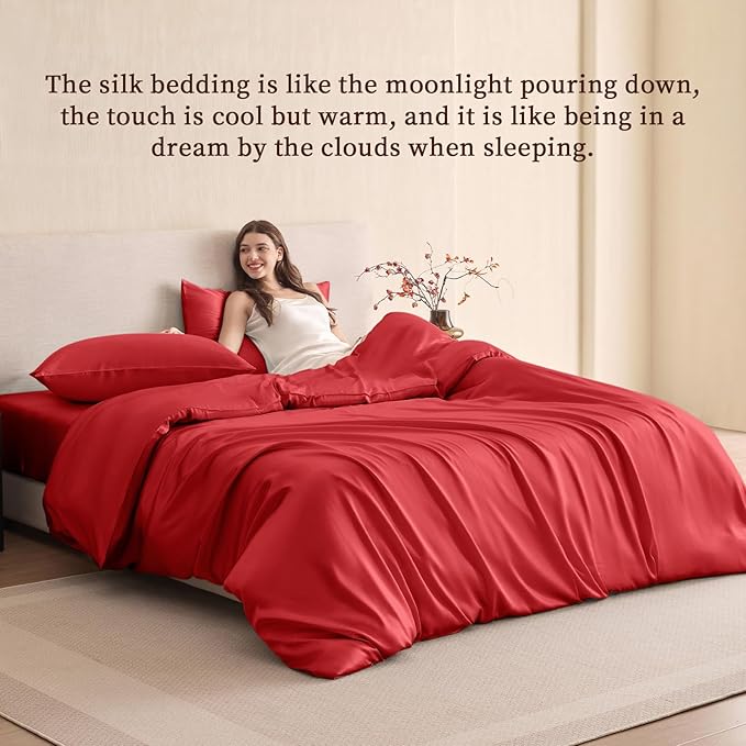 THXSILK 100% Pure Mulberry Silk Duvet Cover Set 3 Piece, 6A+ Grade Luxury Soft Bedding Silk Sheets for Hair and Skin, 1 Pcs Duvet/Quilt/Comforter Cover with 2 Zippered Pillowcases (Red, Full)