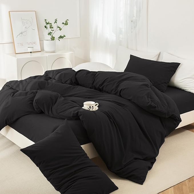JIYUAN 100% Washed Cotton Duvet Cover Set 3 Pieces Oversized Queen, 1 Duvet Cover 98x98 Inches(Comforter Not Included) and 2 Pillowcases,Linen Feel Bedding Set Comfy and Breathable,Black