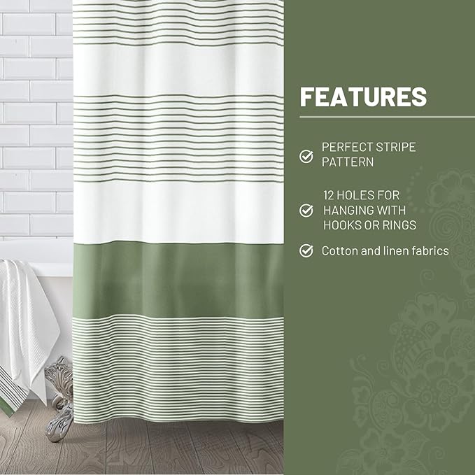 Awellife Sage Green Shower Curtain for Bathroom Boho Stripe Shower Curtain 72 X 72 Inches Farmhouse Cotton