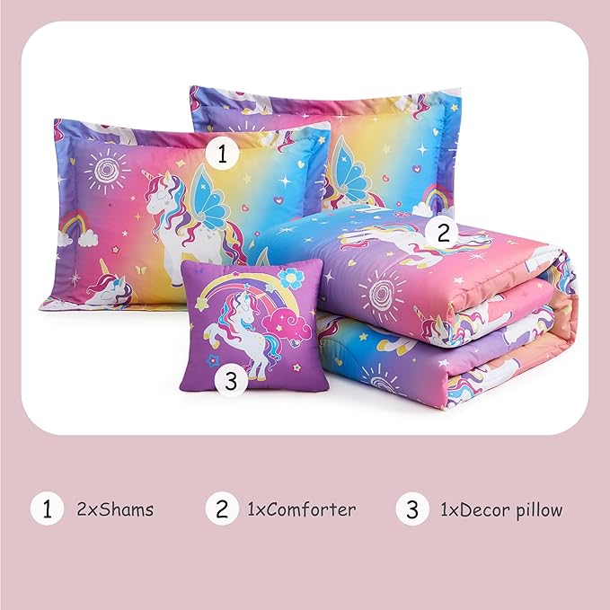 Full Size Comforter Set for Girls-4 Pieces Rainbow Unicorn Patterns Full Bedding Set with 1 Comforter, 1 Decor Pillow &2 Pillow Shams