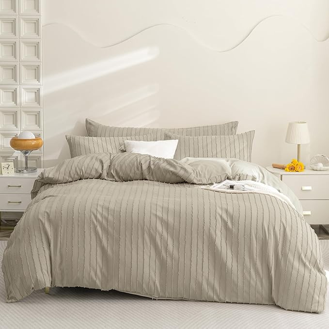 JELLYMONI Duvet Cover Full Size Khaki - 3PCS Boho Striped Duvet Cover Set Polyester Tufted Bohemian Textured Comforter Cover 80×90in with Corner Ties & Zipper and 2 Pillowcases