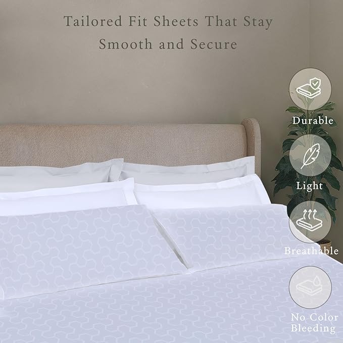 Threadmill 500 Thread Count Full Size 4 Pc Luxury Cotton Sheet Set, Jacquard Floria Hotel White, Silky Smooth Sheets with 16" Elasticized Deep Pocket, 2 Pillowcases & Free Tote Bag