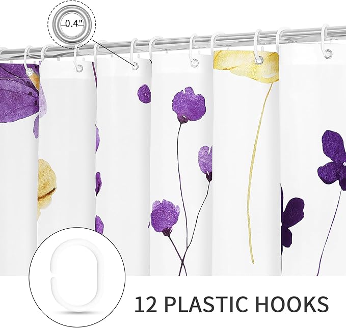 Gibelle Watercolor Floral Shower Curtain, Purple Yellow Flower Shower Curtain for Bathroom, Modern Minimalist Waterproof Fabric Shower Curtain Set with Hooks 72x72 Inch