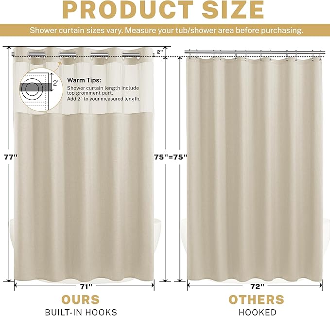 No Hooks Luxury Shower Curtain Set with Snap-in Liner, Polyester Textured with See-Through Top Window, Waterproof & Washable Hotel Style for Bathroom, 71W x 77H, Cream