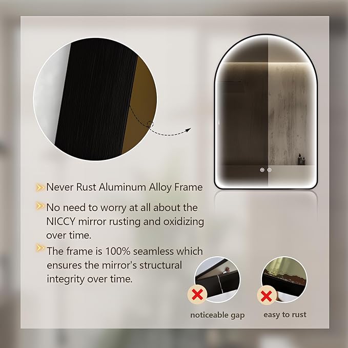 Niccy Arched LED Bathroom Mirror, 48"x30" Black Framed Arch Wall Lighted Mirrors, Arching Frontlit Vanity-Mirror with Memory Function for Bathroom Bedroom, Defogger and 3 Color, Explosion-Proof