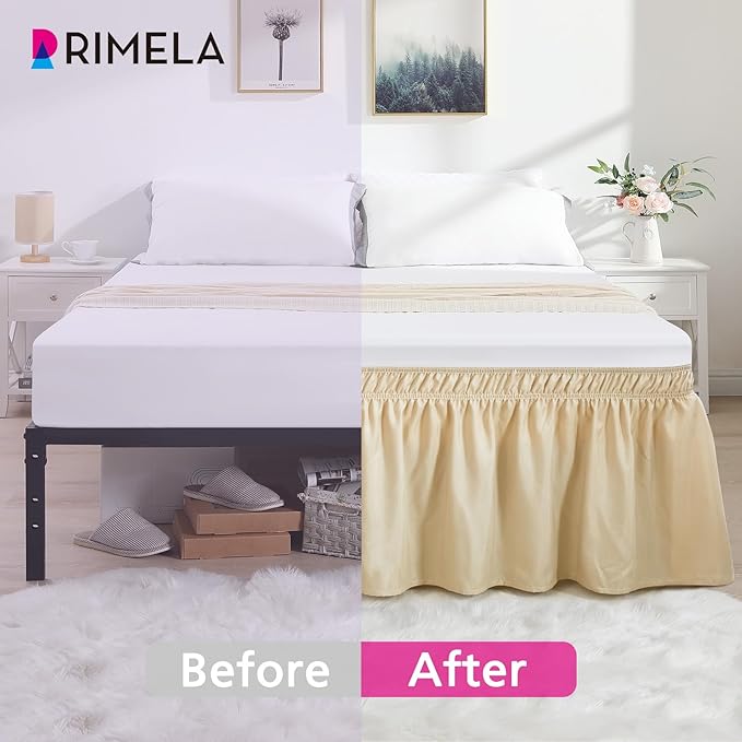RIMELA Oatmeal Bed Skirt King Size 18 Inch Drop, Elastic Bed Skirting for Bed Base and Frame, Bedding Dust Ruffle Easy to Install, Lightweight Wrap Around Adjustable Bedskirt