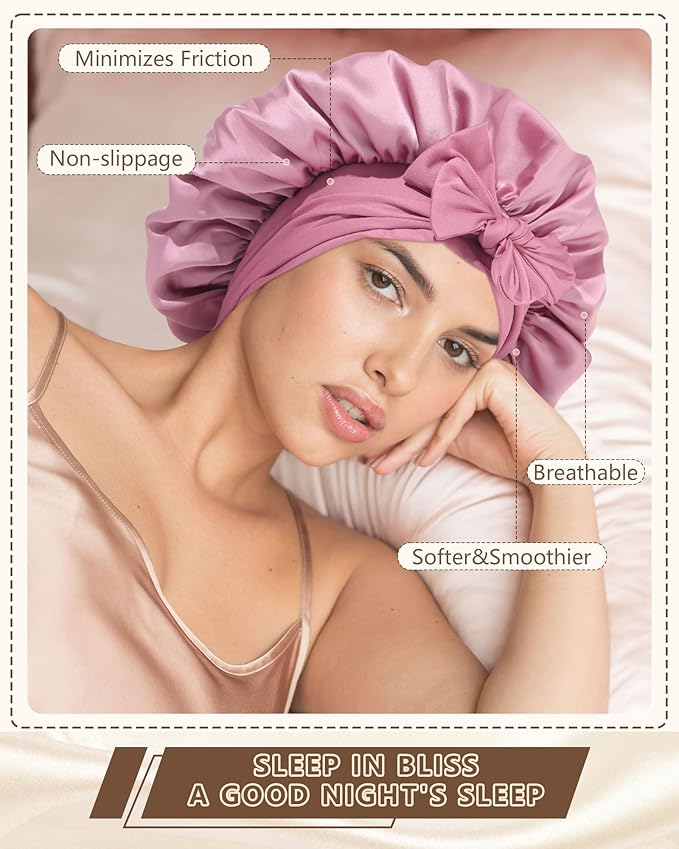 AWAYTR Women Satin Bonnet for Sleeping - Double Layer Silk Hair Bonnet with Elastic Tie Band for Braids Curly Hair