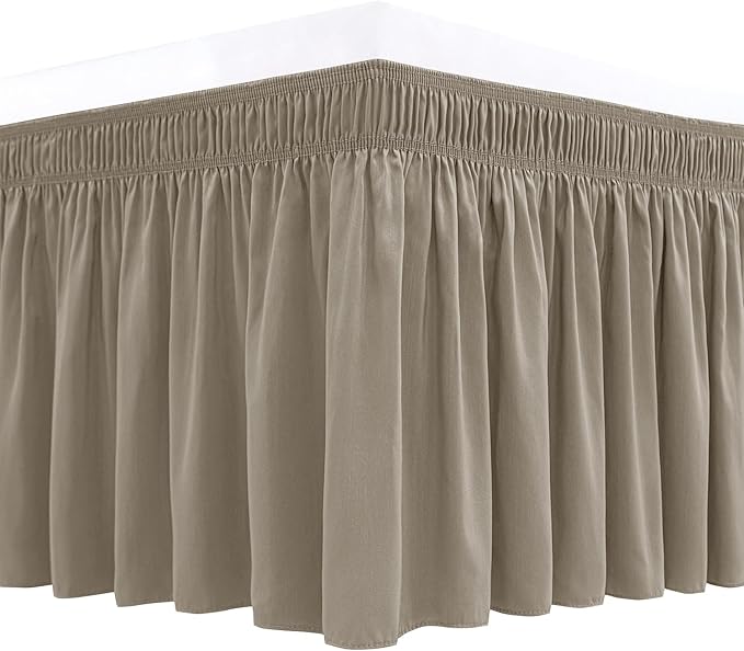 Biscaynebay Wrap Around Bed Skirts for Queen Beds 15" Drop, Taupe Adjustable Elastic Dust Ruffles Easy Fit Wrinkle & Fade Resistant Silky Luxurious Fabric Machine Washable
