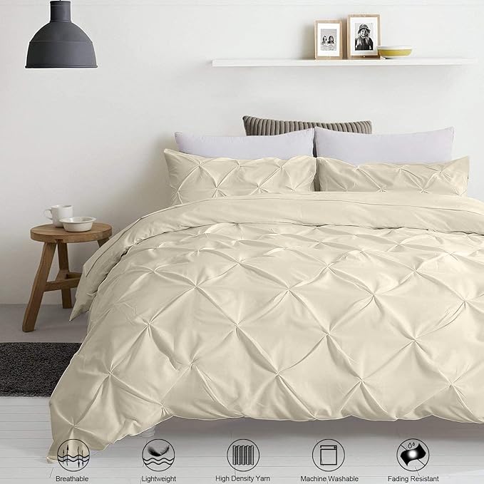 Pinch Pleated Duvet Cover Set 100% Cotton 3PC Calking Size 98x104 Duvet Cover Set, Decorative Pinch Design Ivory Duvet Cover with Matching Pillow Case