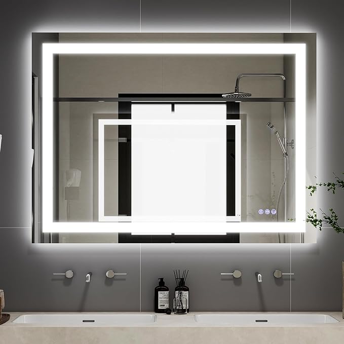 VooBang LED Wall Mounted Mirror with Lights, 24x32 inches Bathroom Mirror, Button to Adjust Lights, Three Lighting Modes, Tempered Glass with Anti-Fog Function, Suitable for Vanity and Bedroom, White