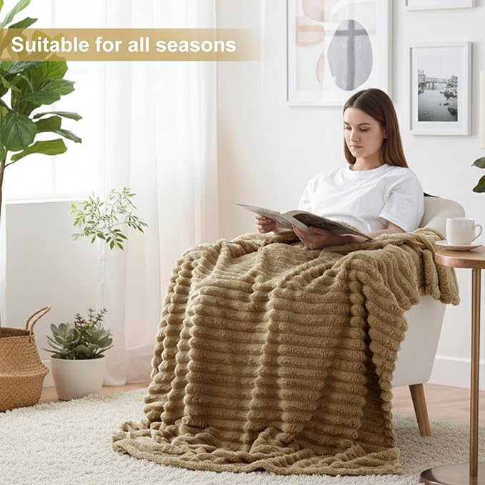 decorUhome Christmas Soft Fleece Brown Blanket King Size for Bed, Cozy Fluffy Plush Flannel Large Striped Throws for Couch Sofa, Lightweight Decorative Fuzzy Blanket for Woman, 108x90 Inches