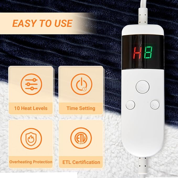Heated Blanket Electric Twin, Soft Flannel Heating Blanket with 8 Hours Auto Off 10 Fast Heating Levels Machine Washable Sherpa Heated Blanket with Overheating Protection