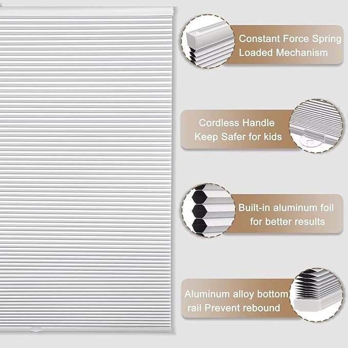 MYshade 1.5-Inch Cellular Cordless Blackout Shades,Thermal Insulating Noise Reducing Waterproof Blinds,Honeycomb Window Treatments for Indoor Light Control (White-26 W x 64" H)
