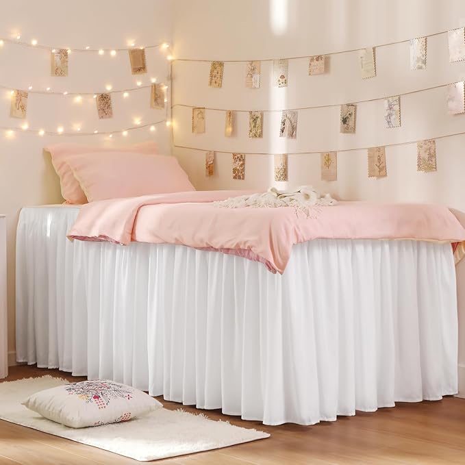 RIMELA Dorm Bed Skirt Twin XL 42 Inch Drop, Easy to Install Extra Long Wrap Around Elastic Dust Ruffle, White Bedskirt Solid Silky Fabric Machine Washable (Twin XL 80“L x 39”W & Twin 75“L x 39”W)