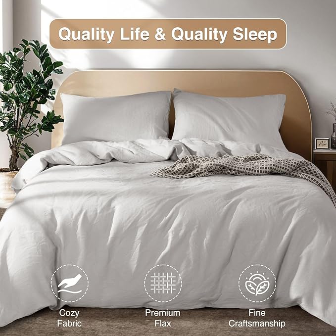 SONORO KATE 100% French Linen Duvet Cover King Size, Soft Breathable for Hot Sleepers, Moisture Wicking & Durable Cover Set - Zipper Closure & 4 Corner Ties Duvet Covers 3 Piece (Grey,King)