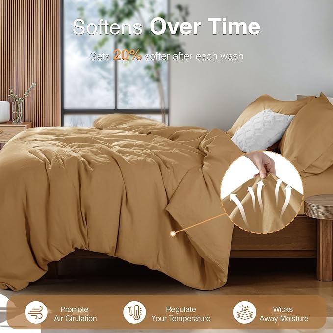 SONORO KATE 100% French Linen Duvet Cover Queen Size, Soft Breathable for Hot Sleepers, Moisture Wicking & Durable Cover Set - Zipper Closure & 4 Corner Ties Duvet Covers 3 Piece (Rust,Queen)