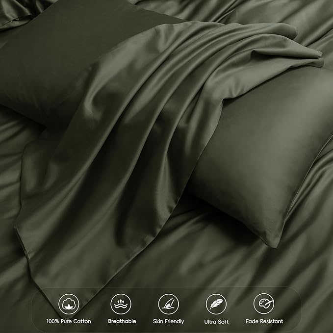 MooMee Duvet Cover Set 100% Extra Long Staple Cotton 600 Thread Count Silky Sateen Smooth Luxury Soft Breathable Durable Hotel Quality Bedding, 3 Pieces (Olive Green, Queen 90"x90")