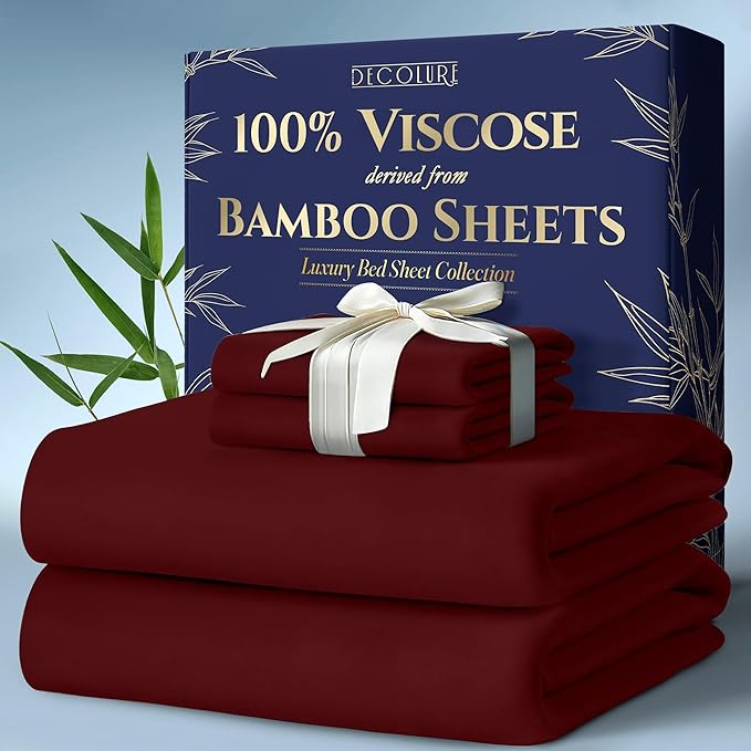 DECOLURE 100% Viscose Derived from Bamboo Sheets Cal King Size 4pcs - Ultra Soft & Luxuriously Cooling, 17" Deep Pocket, Double Stitching, Perfect for Hot Sleepers - King Bed Sheets (Burgundy)