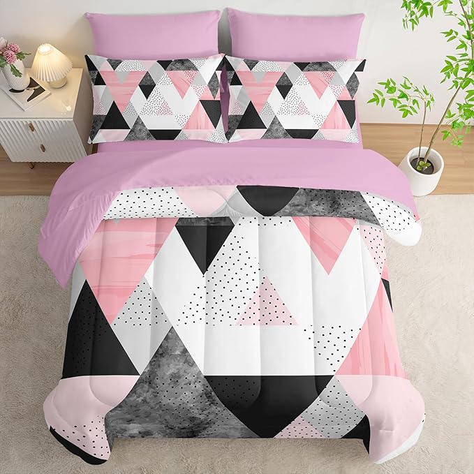 Queen Size Comforter Set - 7 Piece Pink & Gray Triangle Geometric Bedding, Ultra Soft Microfiber, Modern Aesthetic, All Season