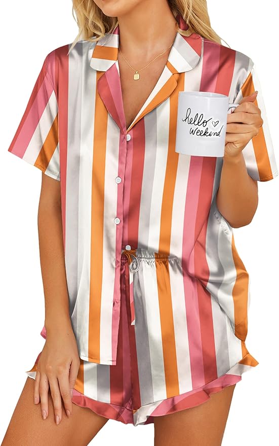 Ekouaer Womens Satin Pajamas Set Button Down 2 Piece Silk Pjs Shorts Set Ruffle Lingerie Notch Collar Sleepwear