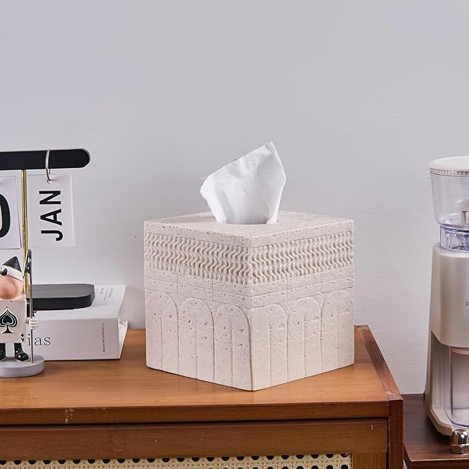 Sandstone Carved Pattern Tissue Box Cover – Modern Resin Cube Holder for Bathroom, Bedroom, Office – Decorative Square Tissue Box for Countertop, Nightstand, Vanity & Desk – Heavy&Sturdy