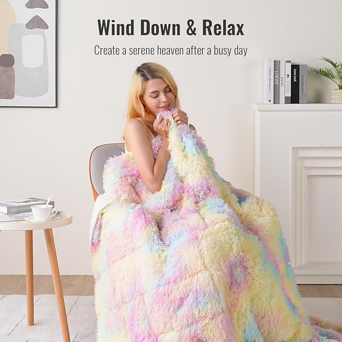 Uttermara Weighted Blanket Queen Size 20 lbs for Adults 60x80 inches, Long Shaggy Faux Fur and Cozy Warm Sherpa Reverse Weighted Blankets for Winter, Thick Heavy Blanket for Sofa Bed, Rainbow