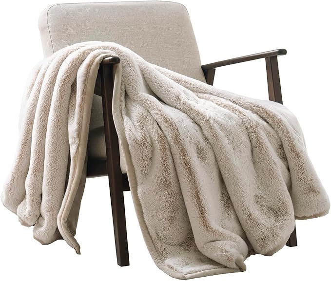 EVERGRACEHOME Ultra Soft Luxury Fluffy Mink Faux Fur Throw Blanket, Thick Warm Fall Winter Blankets for Bed, Couch, Cozy Plush Reversible Blanket for Chair, Sofa (Tipped Champagne Ivory, 50"x60")