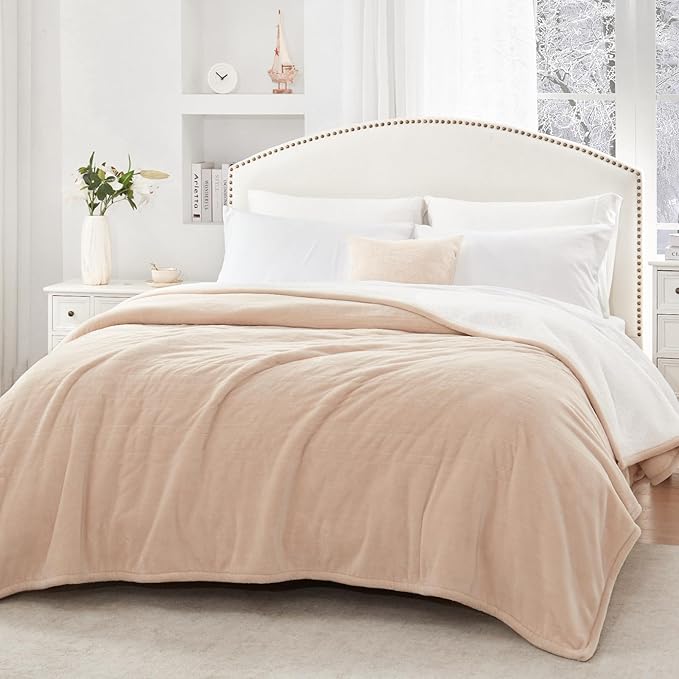 SEALY Electric Blanket Twin Size, Flannel & Sherpa Heated Blanket with 10 Heating Levels & 1-12 Hours Auto Off, Machine Washable, Beige, 62x 84 Inch