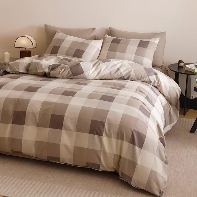 Cottonight Checkered Khaki Comforter Set Twin Gingham Grid Bedding Set Khaki and Cream Coffee Grid Comforter Fluffy Soft Bedding Set Kids Teens Twin Comforter with 2 Pillowcases