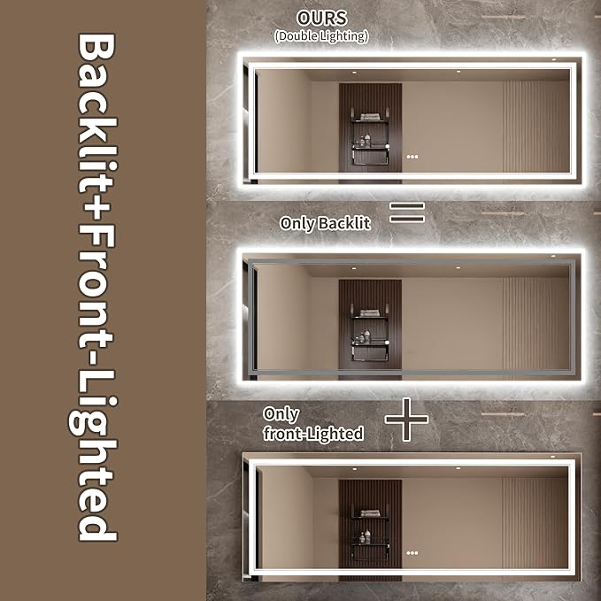 Bathroom Mirror with Lights 32"X84" with Front Light and Backlit, Tempered Glass, Wall Mount Horizontal/Vertical, Stepless Dimmable, 3 Colors, Anti Fog, Bathroom Memory LED Mirror